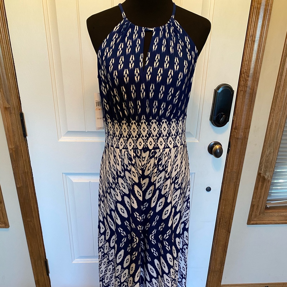 London Style Maxi halter geometric navy dress NEW